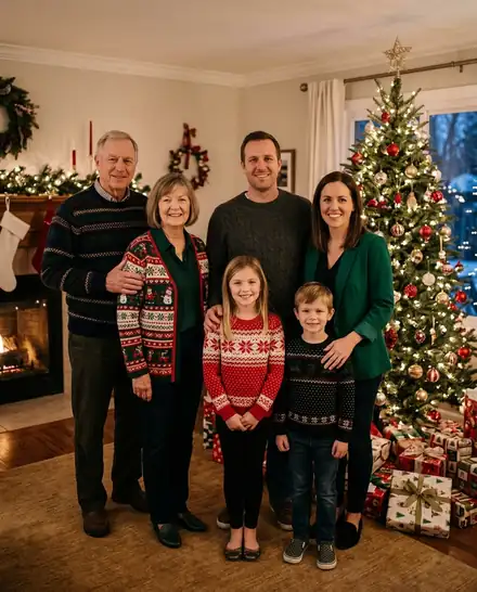 Three generations turned into an AI Christmas photo: By the Christmas Tree