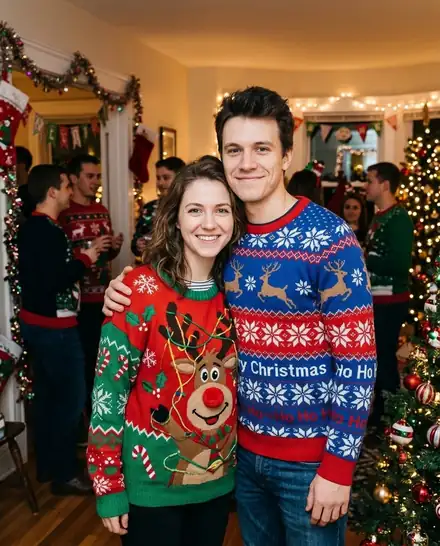 Couple turned into an AI Christmas photo: Ugly Sweater Party