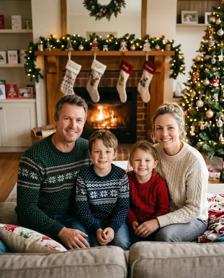 Family of four as an AI Christmas photo, Cozy Fireplace