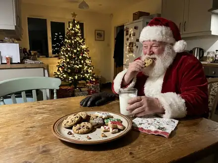 Kitchen table turned into an AI Christmas photo: Santa Eating Cookies