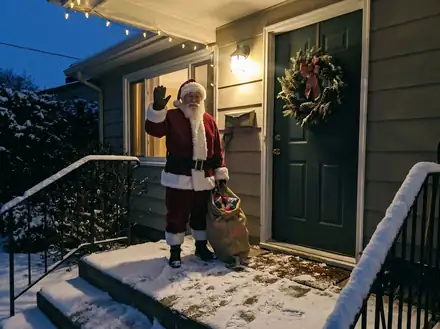 Front porch turned into an AI Christmas photo: Santa Waving at the Door