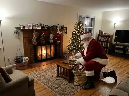 Fireplace room turned into an AI Christmas photo: Santa Leaving Gifts