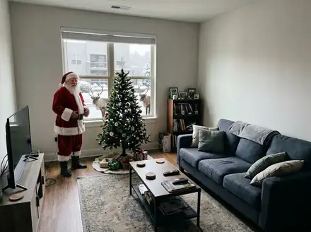 Apartment turned into an AI Christmas photo: Santa & Reindeer Outside