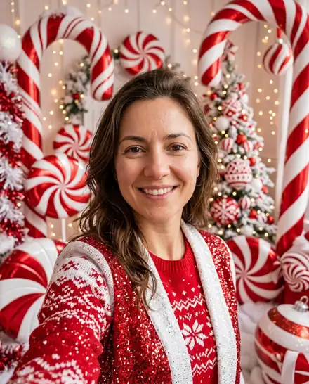 Selfie as an AI Christmas photo, Candy Cane Trend